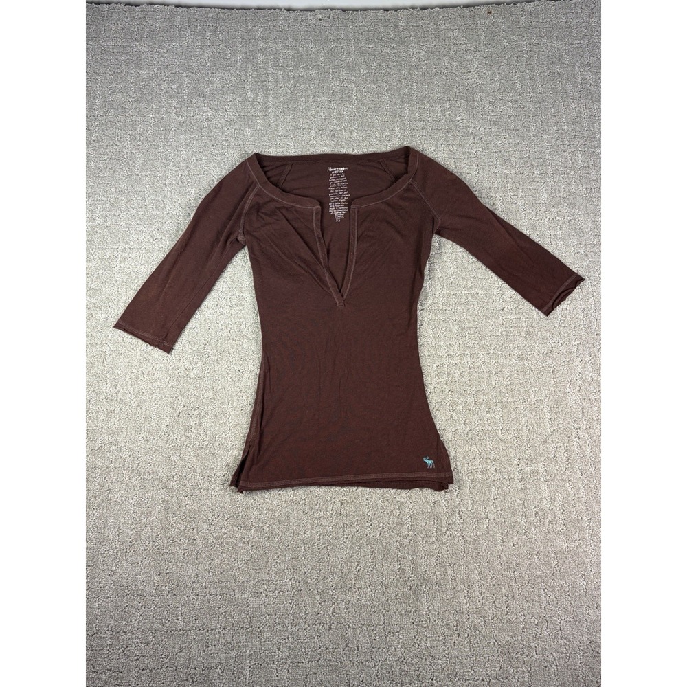 Vtg Abercrombie & Fitch Y2K Brown Deep V Neck Henley Top Embroidered Moose XS